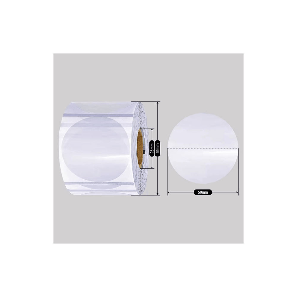 50mm transparent round Polypropylene (water proof, tear proof and oil proof) thermal labels 500/roll